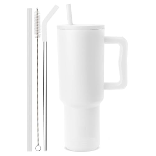 Image of NYRWANA 1200ML Stainless Steel Tumbler - Hot & Cold | Double Insulated Travel Mug with Handle, Leak-Proof Lid & 2 Straws | Dishwasher Safe | Fits Cupholders | Ideal for Gym, Travel & Office (White)
