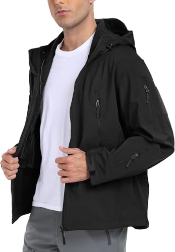 Aosyax Men's Softshell Military Tactical Waterproof Jackets for Camping Hunting Fishing Outdoor Hooded Jacket, Black, S - Image 2