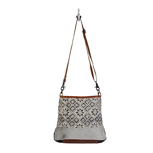 Myra Bag Tessellated Shoulder Bag Upcycled Cotton & Cowhide Leather S-28614