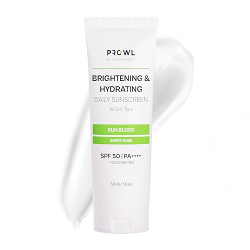 PROWL by Tiger Shroff SPF50 + PA++++ Sunscreen Niacinamide for Brightening and Hydrating Oily Dry All Skin for Men Face SPF 50 Cooling Gel Based Daily Sun Screen Lotion Cream, Sweet Musk, 50ml