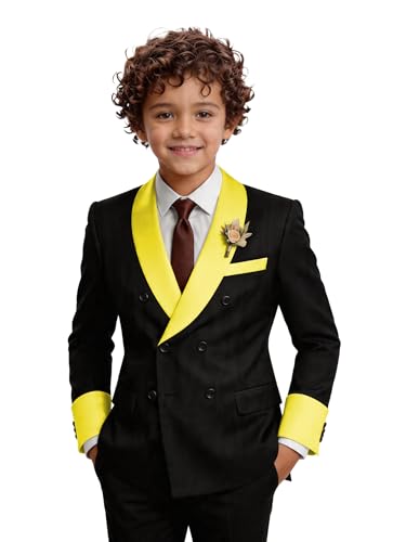 Boys Tuxedo Suit Set 2 Piece Boy Fashion Suits Double Breasted Formal Suits with Adjustable Waist for Easter Graduation Birthday Black and Yellow Size 2