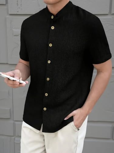 Image of Men's Solid Textured Half Sleeve Shirt with Stylish Buttons | Band Collar Casual Shirt for Summer Wear