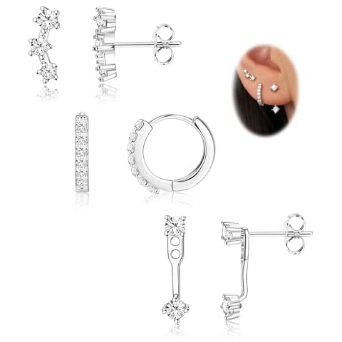 FIASASO 3 Pairs 925 Sterling Silver Hypoallergenic Earrings Set for Multiple Piercing Dainty 14K Gold Plated Stud Huggie Small Hoop Earrings for Women Trendy Cute Earring Stacks for Sensitive Ears Cover
