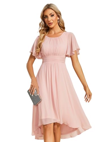 Ever-Pretty Robe de Cocktail Soirée Femme Col Rond Manches Courtes Mousseline Rose 42