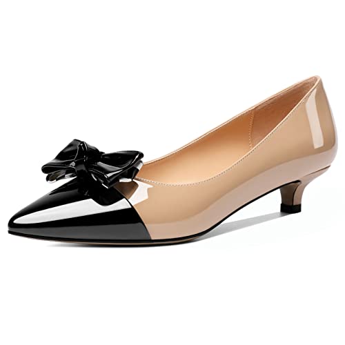Soireelady Kitten Heels for Women Pointed Toe Low Heel Pumps Slip on Bow Heels 1.5 Inches Two Toned Evening Bride Wedding Party Dress Shoes