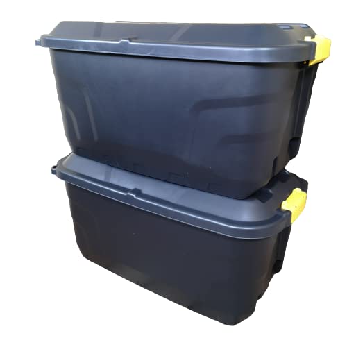 Samuel ALEXANDER 2 x 75L Heavy Duty Trunks on Wheels Sturdy, Lockable, Stackable and Nestable Design Storage Chest with Clips in Black