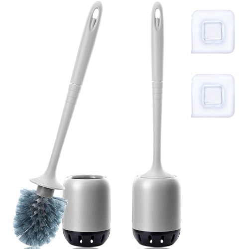 Toilet Brush, Funnydin 2 Pack Toilet Brushes & Holders, Deep Cleaning Loo Brush Set - Toilet brush with Drying Holder Set, Toilet Cleaner Brush for Bathroom(Flooring/Mounted Wall）