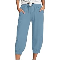 Pantacourt Coton Lin Femme Été,3/4 Léger Loisirs Ceintures De Pieds Casual Jogging Pantalons avec Poches Cordon Taille Haute Elastique Décontractée Pantalon Pantacourt Femme Été en Lin