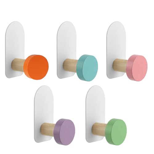 5Pcs Self-Adhesive Kids Coat Hooks, Colorful Towel Hooks Wooden Sticky Clothes Hook, Wall Mounted Children’s Coat Hooks for Towel, Clothes,Backpacks and Hats(Colorful)