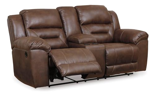 Image of Signature Design by Ashley Stoneland Faux Leather Manual Double Reclining Loveseat with Center Console, Dark Brown