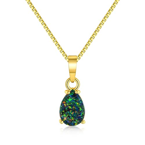 CiNily Opal Pendant Necklace for Women Multi-colored Teardrop Birthstone Necklaces 14K Rose Gold/Gold Plated Dainty Simple Gold Chian Necklace, Birthday Anniversary Wedding Gifts 7x10mm