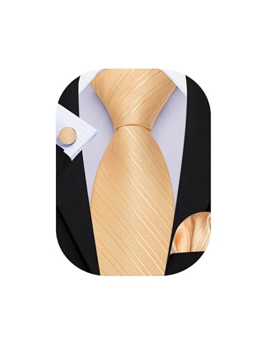 Image of Barry.Wang Solid Striped Tie for Men Silk Necktie Pocket Square Cufflinks Formal Wedding Party Business