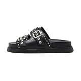 Wnshonzy Platform Slide Sandals Women Comfortable Slip on Flat Sandals Shoes Open Toe Buckle Flatform Punk Goth Sandals Studded Beach Summer Casual Shoes with Double Strap Black