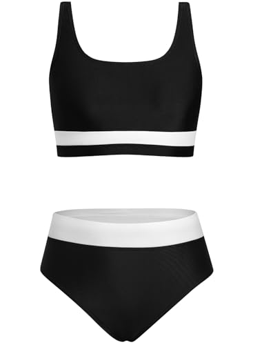 Alakuoti Girls Swimsuit Color Block Adjustable Straps Bikini Sets Teen Girl Two Piece Bathing Suits with Chest Pad Size 8 Black