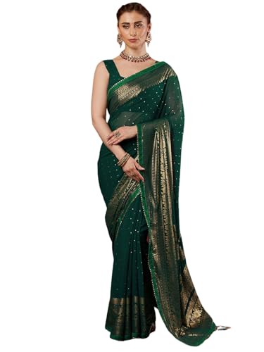 Image of SAMAH Women's Georgette Foil Printed Lace Work Saree with Unstitched Blouse Piece