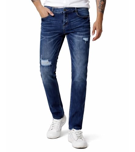 Image of L'MONTE Imported Denim Jeans Pant for Men Blue Stretchable Distressed Ripped Slim Fit