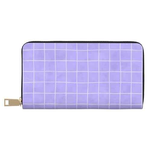 Wallet Women - Lilac Hand Painted Grid Print Leather Wallet Large Capacity Bifold Long Ladies Wallets With Zipper