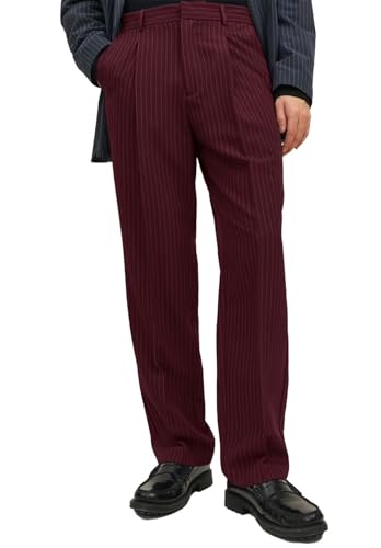 Mens Striped Formal Pants with Pockets Elastic Waist Front Pleats Straight-Leg Trousers