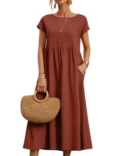 Robe d'été pour Femme Manches Courtes Unie Robe décontractée Longueur Genou Robe midi avec Poches Longue Femme Ete Plage Manches Courtes Casual élégante...