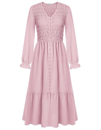 Damen V-Ausschnitt Langarm Freizeitkleid A-Linie Rüschen Casual Kleid Elegant Sommerkleid für Hochzeit Party Rosa L