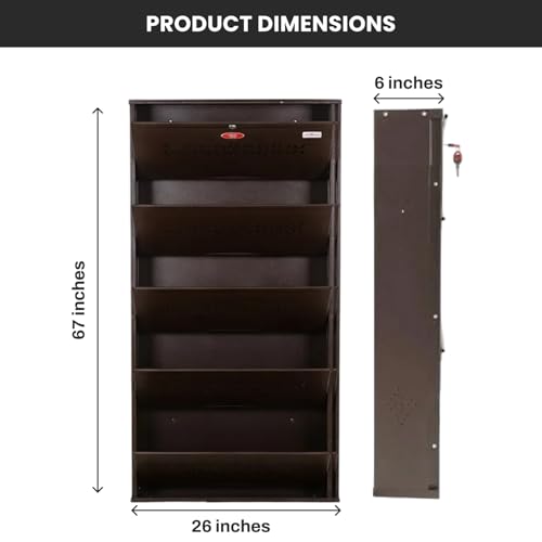 Image of Skywave Luxury Wall Mounted Metal Shoe Rack for Home - 5 Shelf, Holds Up to 25 Pairs | Central Locking Shoe Cabinet | Space Saving | Heavy Duty Steel | 3 Year Warranty (Coffee Brown, 26 Inches)