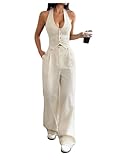 SOLY HUX Women's 2 Piece Outfits Halter Button Down Vest Crop Tops and High Waisted Pants Set Pure Apricot Medium