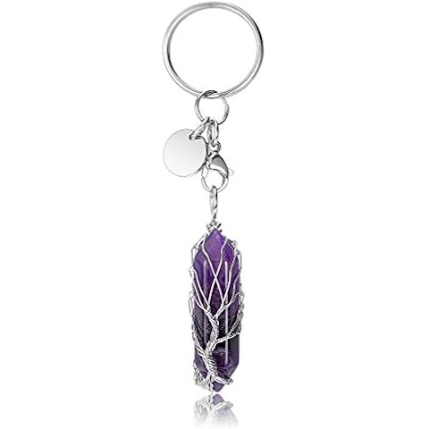CrystalTears Amethyst Healing Crystal Keychain Silver Tree of Life Wire Wrapped Hexagonal Crystal Point Pendant Car Keyring for Women Girls Christmas Gift Cover