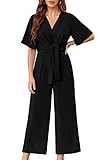 GAMISOTE Womens Wide Leg Jumpsuits Short Sleeve Tie Knot Front Summer Long Romper Black
