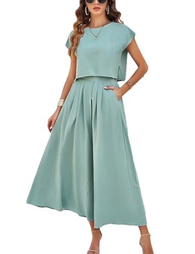 Image of HangNiFang Summer Skirt Sets Women 2 Piece Outfits Cap Sleeve Top Elastic Waist Maxi Dress Sets with Pockets