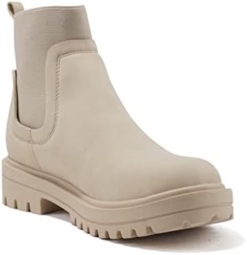 Soda TAPER ~ Women Lug Sole Low Heel Chelsea Fashion Elastic Sock Shaft Ankle Bootie (BEIGE NUBUCK, us_footwear_size_system, adult, women, numeric, medium, numeric_9) | Image 3
