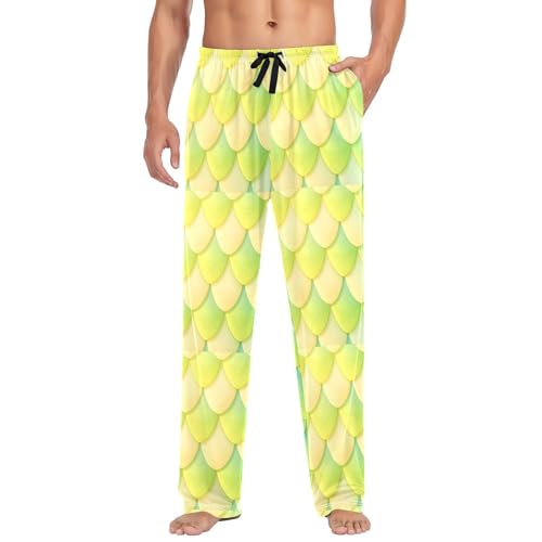 Men's Green Dragon Scales Pajama Pants with Pockets - Straight Fit Cotton Sleep Bottoms for Lounge & Nightwear#829