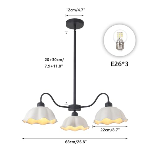 Image of 3 Light Mid Century Chandelier Fixture with White Ceramic Shade Contemporary Black Ceiling Pendant Light Semi Flush Mount Chandelier for Kitchens Living Room