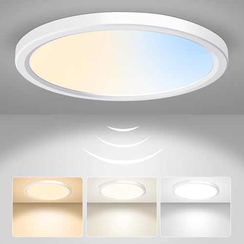 ALUSSO LED Deckenleuchte mit Radar Bewegungssensor, 18W Deckenlampe 3CCT 3000K 4000K 6500K 1600LM, IP44 Wasserdichte Badezimmer Lampe Flach für Wohnzimmer Schlafzimmer Küche Flur Garage, Rund Ø22cm