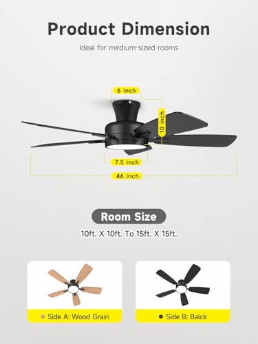 TALOYA Ceiling Fans with Lights and Remote, 46 Inch Low Profile Ceiling Fan with Light, Flush Mount, Reversible, 3CCT, Dimmable Black Modern Ceiling Fan for Bedroom, Living Room, Outdoor Patio - image 7