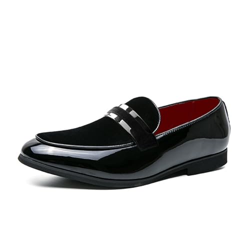 Men's Patent Leather Low Heel Business Loafers Classic Round Toe Comfortable Suede Non-Slip Slip-On Worktuxedo Wedding Shoes
