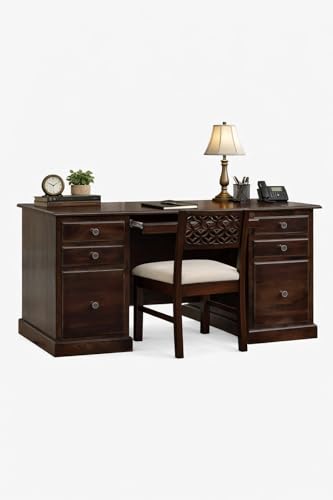 Image of Sheesham Wood Study Table for Bedroom 6 Drawer with Keyboard Tray with Floral Chair Dark Walnut Color with Matte Finished
