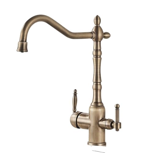 Antique Brass Filter Kitchen Faucet Drinking Pure Water Kitchen Tap Deck Mounted Dual Handles 3-Ways Hot And Cold Water Mixer(An