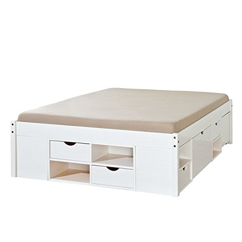 Cama Casal Multifuncional Madeira Maciça 6 Gavetas Charme Inter Link Branco Lavado