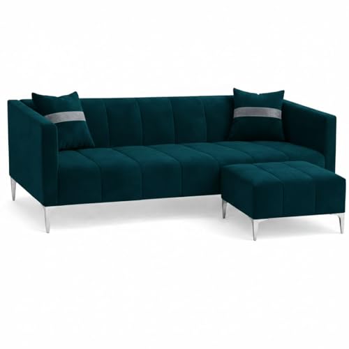 Image of Solomon 4 Seater L Shape Sofa Set with Movable Ottoman | Flexible Left or Right Layout | Luxe Velvet Suede Fabric | Comfortable Seating | Modern Sofa for Living Room - Green Teal