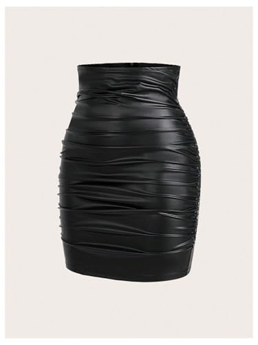 GORGLITTER Women's High Waisted Ruched Fitted Tummy Control Skirt Dressy Casual Leather Bodycon Mini Skirt3