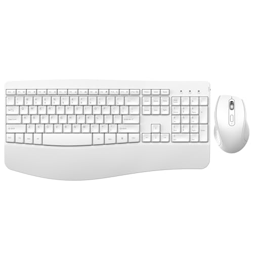 Ergonomic Keyboard and Mouse Combo Full Size Cordless Computer Keyboard with Palm Wrist Rest Ergonomic Mouse for Windows Computers Laptops - White