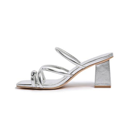 Image of Strappy Heels For Women Low Chunky Block Heel Heeled Sandals Square Open Toe Slip On Slides Flip Flops Mules