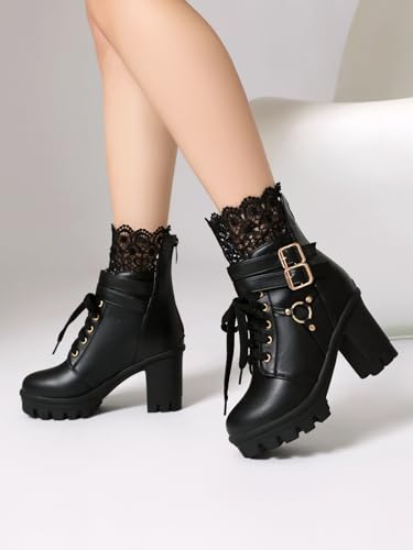 Image of BEAUPAS Women's Gothic Combat Boots Lace Up Platform Ankle Boots with Buckles Chunky High Heel