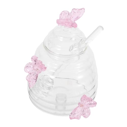 BESTonZON 透明ガラス製蜂蜜罐 バタフライデザインの蜂蜜ポット 撹拌棒付き 蓋付き キッチン用貯蔵容器