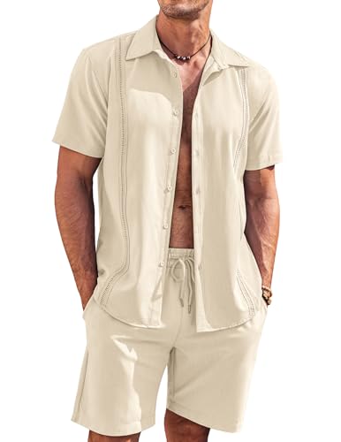 COOFANDY Men's 2 Piece Short Set Cuban Guayabera Shirts Short Sleeve Casual Beach Outfits Set