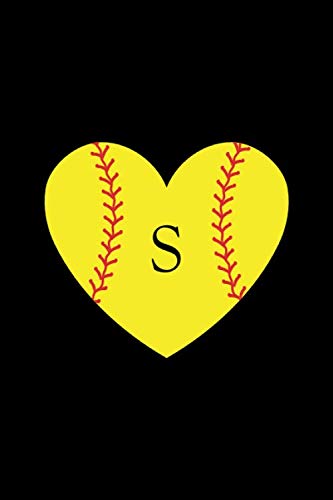 S: Monogram Initial Letter S Yellow Heart Softball Journal/Notebook for Girls Women, Personalized Gift, Softball Gift, Softball Players Notebook, ... team gift, 120 Pages of 6 x 9 Lined Notebook