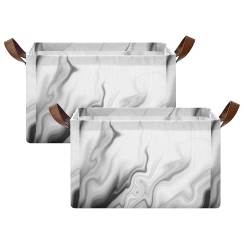Black White Liquid Marble Agate Slab Paint Pastel Macro Wavy 2PC Rectangle Foldable Frame Basket Leather Handles Storage Bin for Laundry Bathroom Organizer M 16.9 x 11.4 x 10 inch