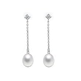 ZH1YFD Pendientes de Perlas de Moda, Perlas Naturales de Agua Dulce, joyería de Plata de Ley 925 para Mujer, Pendiente Largo de Perlas, Regalo