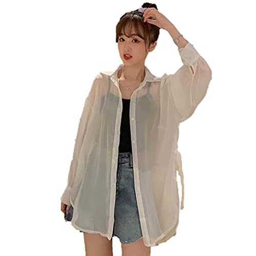[Belle Cie] シアーシャツ 脇リボン ガーリー 韓国ファッション オーガンジー 長袖シャツ (ST/No.27261) (オフベージュ, F（フリー）)