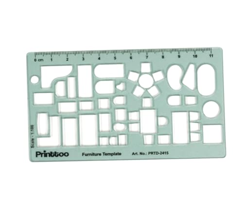Printtoo Furniture Template Stencil for House Plan Drawing, Interior Layout and Room Planning, Scale 1:100 Transparent Drafting Ruler with Bed, Table, Sofa and Bath Symbols for Architects